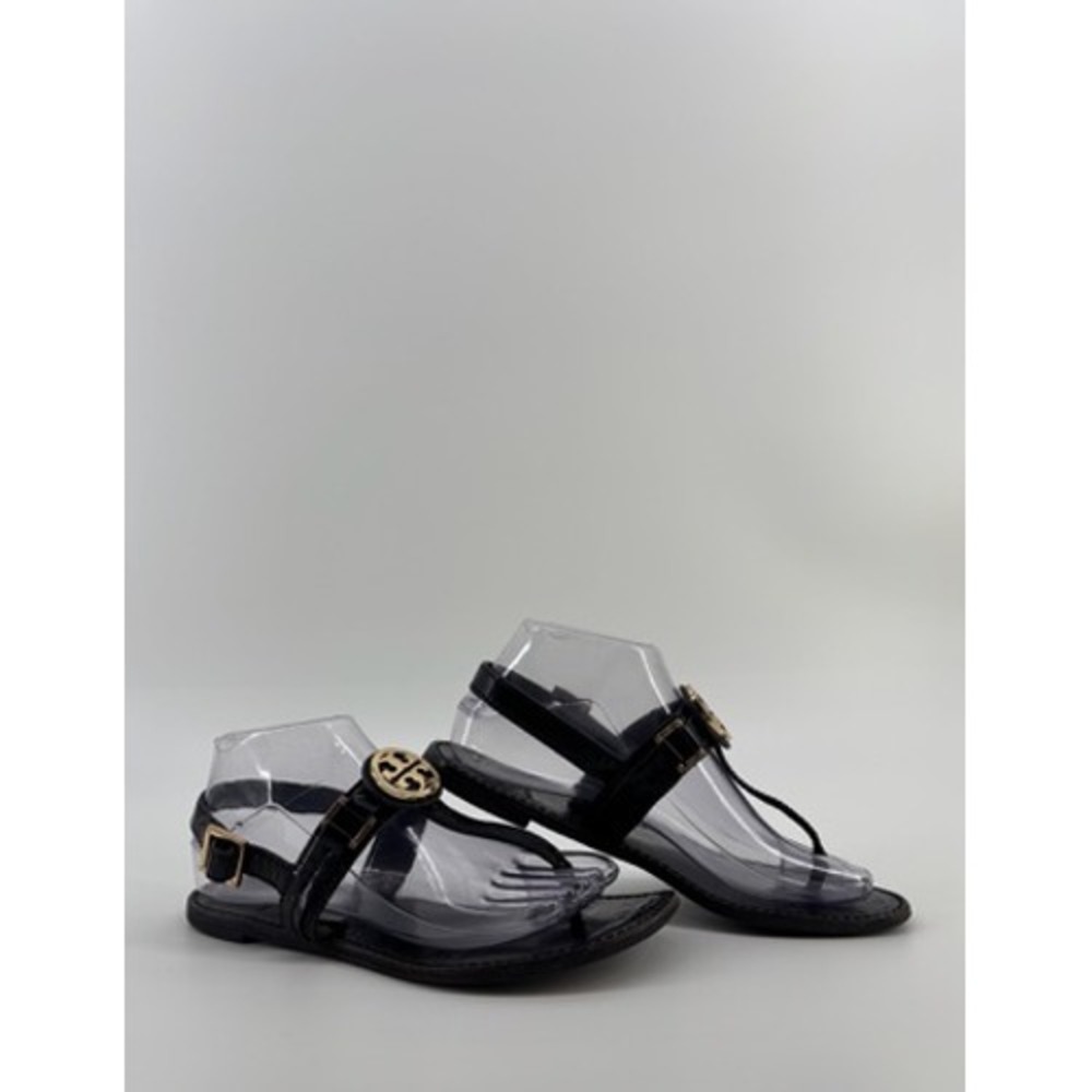 Tory Burch Miller Black Leather Logo Medallion Thong Sandals Womens 7.5 M